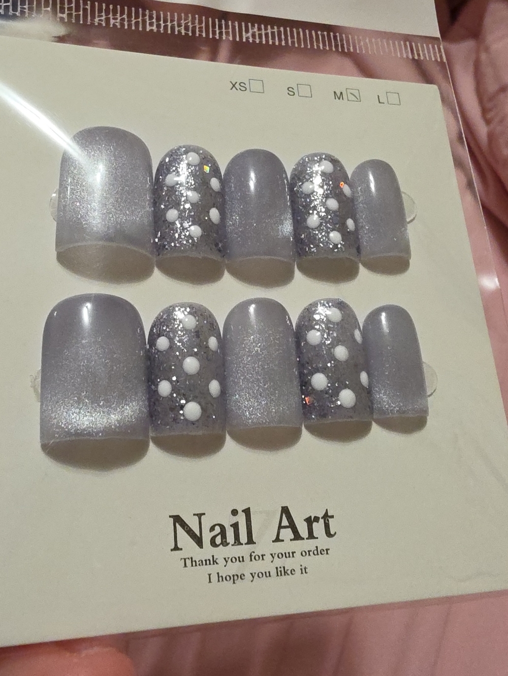 Gray Glitter Press-On Nails with White Dot Accents -